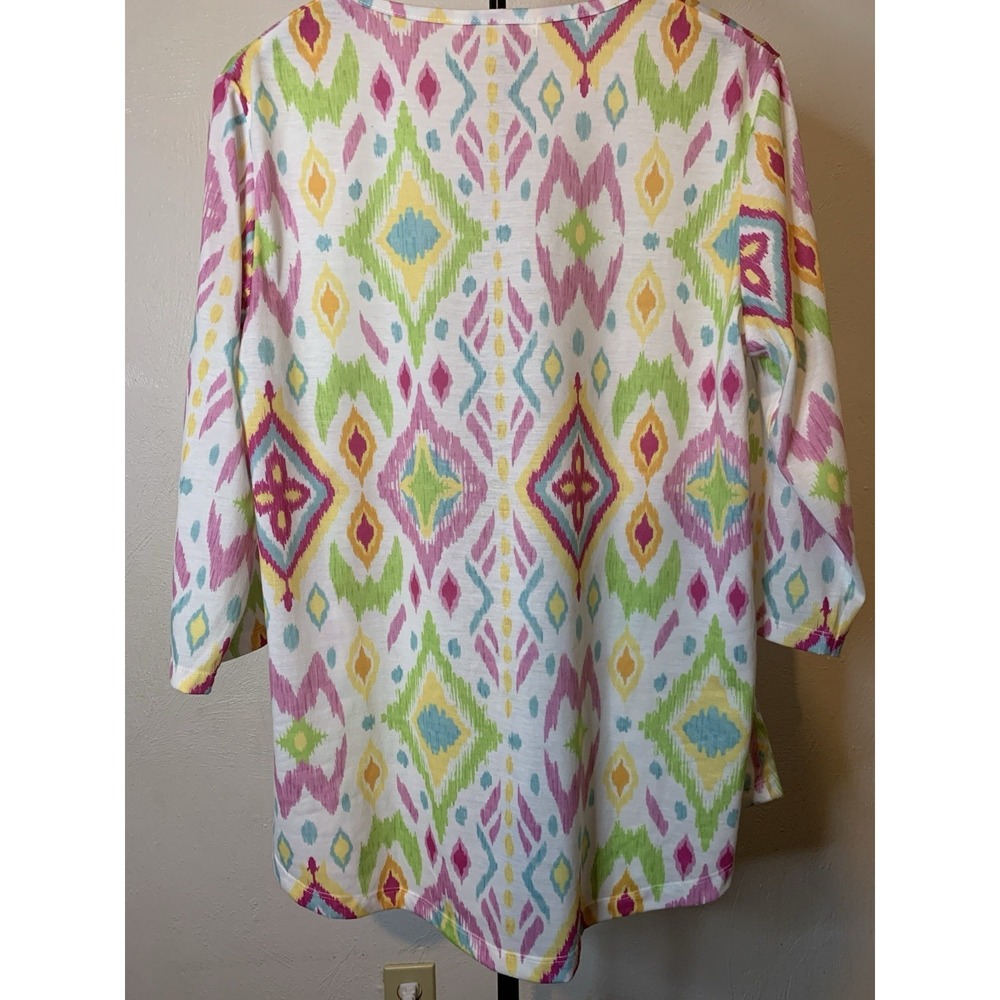 Indigo Soul Women's Large Tunic Top 3/4 Sleeve Ikat Geometric Tribal Print Multi - Picture 2 of 3